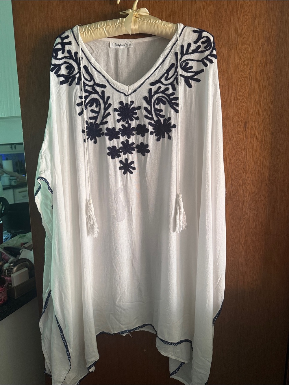 White V-Neck Embroidered Tunic with Navy Floral Accents